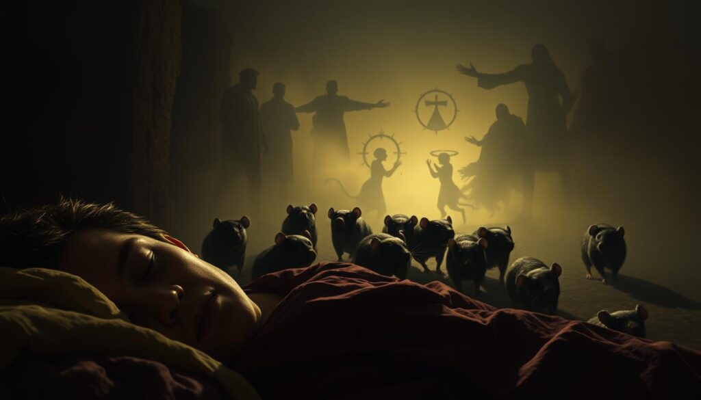 A dimly lit, biblical-style dreamscape. In the foreground, a figure sleeps, their face obscured by the shadows. Emerging from the dreamscape, a cluster of rats - their beady eyes glinting, their sharp teeth bared. The rats approach the sleeping figure, casting ominous silhouettes. In the middle ground, ethereal shapes and symbols float, hinting at divine interpretation. The background fades into a hazy, mystical glow, lending an air of ancient, spiritual significance. Dramatic chiaroscuro lighting creates a sense of foreboding. Rendered in a classic, old master style oil painting aesthetic.