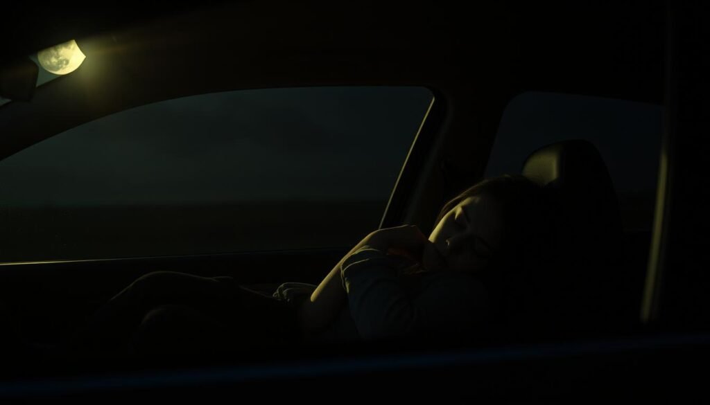 A dimly lit car interior, the driver's seat empty, the passenger lost in deep contemplation. Soft moonlight filters through the windows, casting a dreamlike glow upon the sleeping figure curled up in the passenger seat. Their face is serene, their mind adrift in a subconscious journey, as if the car itself has become a vessel for their mental wanderings. The backseat is shrouded in shadow, hinting at the mysteries unfolding within the passenger's mind. The scene exudes a sense of tranquility and introspection, inviting the viewer to ponder the significance of being a passenger in the dream car of the human psyche.