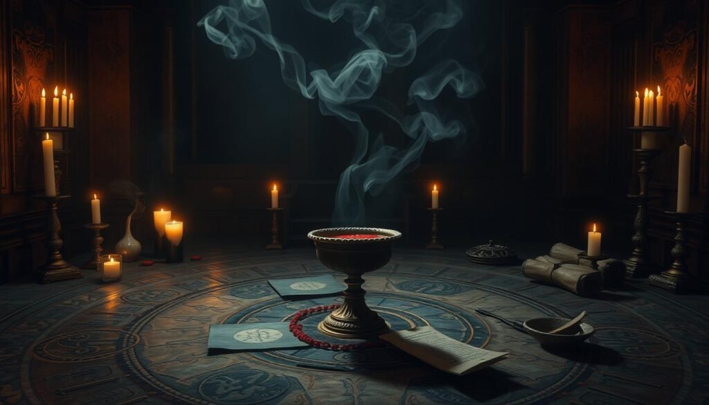 A dimly lit ceremonial chamber, candles flickering to reveal an intricate array of sacred symbols etched into the floor. In the center, a ornate chalice filled with a viscous crimson liquid, surrounded by ancient parchments and ritual tools. Wispy tendrils of mystic smoke curl upwards, casting an otherworldly glow upon the scene. The atmosphere is one of reverence and spiritual power, inviting the viewer to contemplate the profound role of blood in traditions of the sacred.