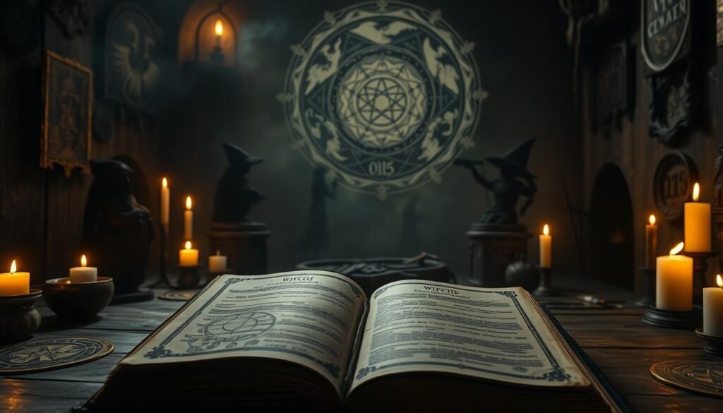 A dimly lit chamber, adorned with mystic symbols and flickering candles. In the foreground, an ancient tome lies open, its pages revealing esoteric diagrams and arcane script. Surrounding it, the ghostly silhouettes of various cultural depictions of witches - from the pointed hats and broomsticks of European folklore to the talismans and spirit animals of shamanic traditions. In the background, a swirling vortex of ethereal energy, hinting at the timeless, interconnected nature of these supernatural beliefs. A soft, sepia-toned lighting casts an air of mystery and antiquity, inviting the viewer to ponder the universal symbolism and enduring power of the witch in the human psyche.