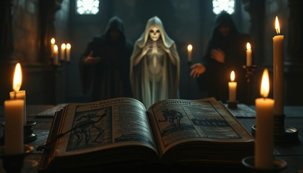 A dimly lit chamber, illuminated by flickering candles, reveals a scene of biblical warnings against necromancy. In the foreground, an ancient text lies open, its pages adorned with intricate illustrations depicting skeletal figures rising from their graves. The middle ground features a ghostly apparition, its translucent form casting an eerie glow, as if to caution against the dangers of tampering with the realm of the dead. In the background, shadowy figures shrouded in hooded robes whisper incantations, their gestures ominous and foreboding. The overall atmosphere is one of solemn reverence and unease, a stark reminder of the sacred boundaries that should not be crossed.