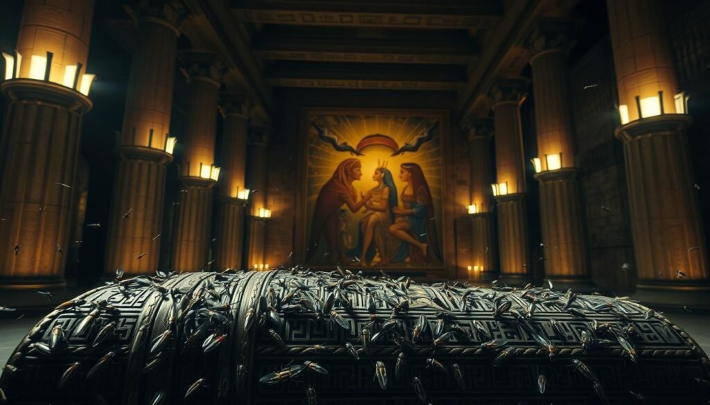 A dimly lit chamber in an ancient Egyptian temple, illuminated by the soft glow of flickering torchlight. In the foreground, an ornate sarcophagus adorned with intricate hieroglyphics, its surface crawling with a swarm of iridescent flies, symbolizing the transient nature of life and the inevitability of decay. In the middle ground, a high-ceilinged hall with towering columns, their shadows casting ethereal patterns on the walls. In the background, a mural depicting the journey of the soul through the afterlife, with the flies serving as harbingers of the transformation from earthly to spiritual existence. The atmosphere is one of solemn reverence and mystical contemplation, inviting the viewer to ponder the profound symbolism of these insects in the ancient Egyptian dream world.