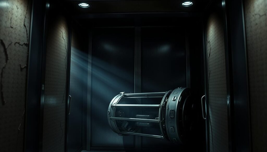 A dimly lit, claustrophobic elevator shaft, its metal doors cracked and rusted, symbolizing the sense of being trapped between floors in life. The dim glow of emergency lighting casts an eerie, almost otherworldly atmosphere. Shafts of light pierce through the cracks, creating dramatic shadows that convey a feeling of unease and uncertainty. The elevator car itself lies at an angle, its mechanisms broken and dysfunctional, a metaphor for the stagnation and lack of progress in one's life. The scene evokes a sense of psychological distress, where the dreamer feels stuck, unable to move forward or reach their desired destination.