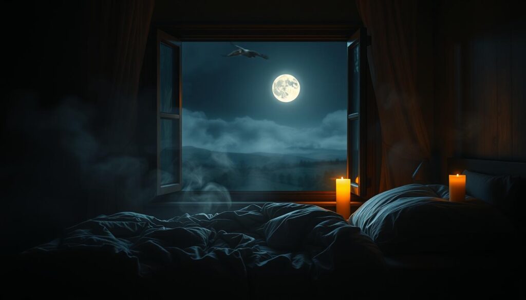 A dimly lit, cozy bedroom with an open window overlooking a moonlit landscape. The bed is adorned with soft, rumpled bedding, hinting at the restless slumber within. Swirling mist drifts in through the window, blurring the boundary between the physical space and the ethereal realm of dreams. Flickering candlelight casts a warm, mystical glow, creating an atmosphere of introspection and emotional vulnerability. The ambient sounds of nature - the gentle rustling of leaves, the distant call of a owl - lend a sense of tranquility and connection to the natural world. This intimate, dreamlike setting captures the essence of how the physical environment can shape and influence the ebb and flow of our subconscious experiences.