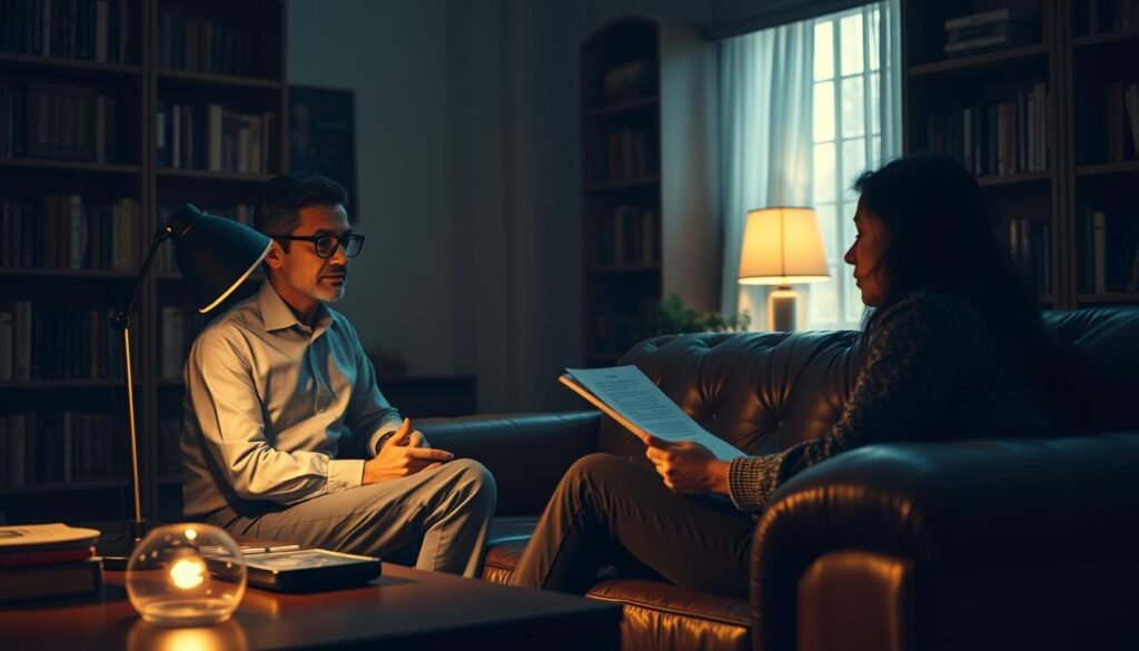 A dimly lit, cozy therapy office with a professional dream therapist sitting across from a patient on a plush leather couch. The therapist has a compassionate, attentive expression, leaning in to listen intently. The patient, looking troubled, describes their disturbing dream in vivid detail. Soft lighting from a desk lamp and floor-to-ceiling bookshelves create a warm, introspective atmosphere. The room conveys a sense of trust, empathy, and the process of unraveling the subconscious through expert guidance.