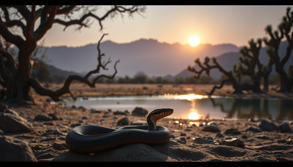 A dimly lit desert oasis, the setting sun casting a warm, golden glow over a tranquil pond. In the foreground, a coiled rattlesnake rests, its scales glistening against the rocks. Beyond, the twisted branches of ancient mesquite trees reach skyward, their shadows dancing across the sand. In the distance, majestic mountains rise, their peaks shrouded in a hazy, purple mist. The atmosphere is one of serene contemplation, inviting the viewer to ponder the deeper symbolic meaning of the rattlesnake's presence in this dreamlike landscape.