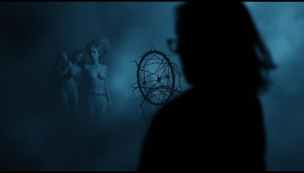 A dimly lit dream landscape, casting an unsettling atmosphere. In the foreground, a shadowy figure looms, their features obscured by darkness. In the middle ground, a series of disjointed, surreal scenes unfold - a broken mirror, a tangled web of thorns, a sense of unease and vulnerability permeating the space. The background is hazy, blurred, suggesting the subconscious nature of the imagery. Soft, muted tones of gray, blue, and purple create a sense of unease, while dramatic chiaroscuro lighting adds depth and drama to the composition. The overall mood is one of psychological tension, hinting at the complexities and unsettling nature of rape-related dreams.