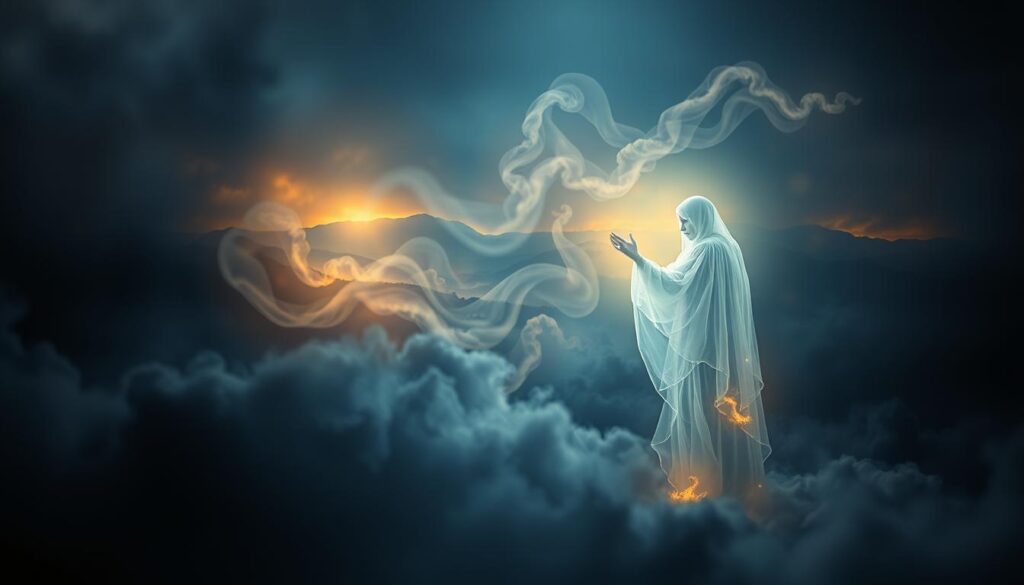 A dimly lit dream realm, filled with symbolic imagery. In the foreground, a translucent figure emerges, their touch imbued with ethereal significance. Swirling mists and nebulous shapes dance in the middle ground, hinting at the subconscious language of the sleeping mind. The background is a tapestry of surreal landscapes, where the boundaries between reality and dream blur. Soft, atmospheric lighting casts an otherworldly glow, creating a sense of mysticism and introspection. The composition evokes a palpable sense of the hidden meanings and emotional resonance that can be found in the touch of a departed loved one within the realm of dreams.