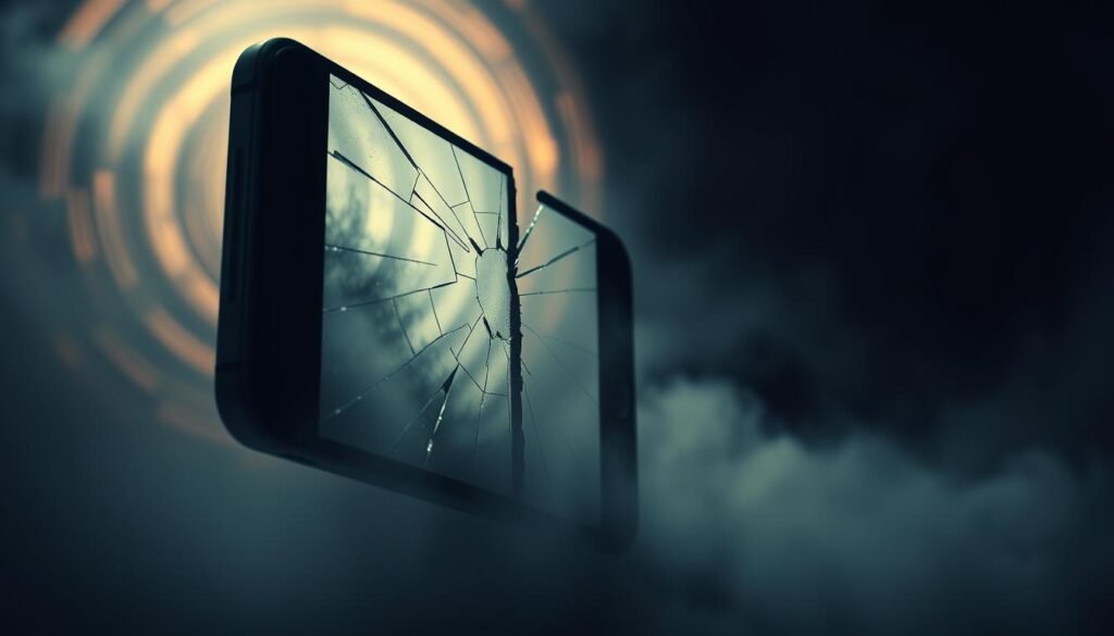 A dimly lit dream realm, where a cracked smartphone screen floats in the ethereal mist. The shattered glass reflects a distorted, dreamlike landscape, hinting at the subconscious symbolism. Soft, muted lighting casts an otherworldly glow, blurring the boundaries between reality and the subconscious. In the background, a swirling vortex of abstract shapes and colors creates a sense of psychological unease, mirroring the fragmented nature of the broken screen. The entire scene conveys a sense of fragility, uncertainty, and the hidden meanings that lie beneath the surface of our everyday experiences.