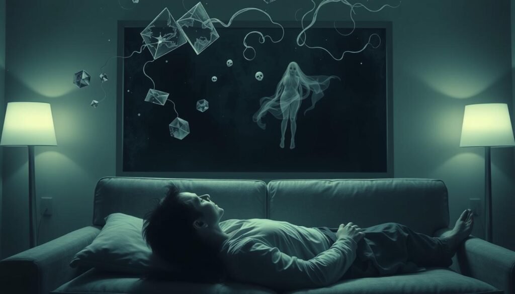 A dimly lit dream therapy session, the patient reclining on a couch, their face obscured in shadow. Floating above them, wispy dream tendrils and abstract trauma symbols - shattered glass, ghostly figures, and pools of inky blackness. The therapist observes intently, hands poised, ready to guide the patient through this subconscious landscape. Soft lighting casts an ethereal glow, creating an atmosphere of introspection and healing. The scene is rendered in a muted, impressionistic style, evoking the hazy, ephemeral nature of dreams and the delicate process of trauma processing.