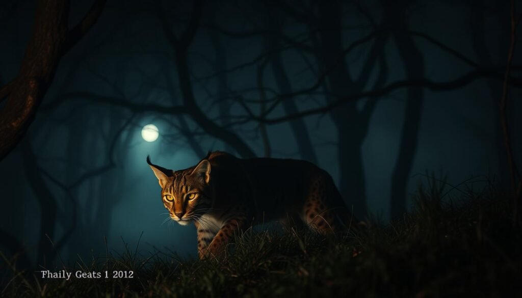 A dimly lit, dreamlike forest at night. In the foreground, a powerful bobcat stalks through the underbrush, its yellow eyes glinting with predatory focus. Shadows and moonlight play across its tawny fur, conveying a sense of raw, untamed energy. In the middle ground, twisted tree branches loom, creating an ominous, foreboding atmosphere. Fog drifts between the trunks, obscuring the distant background. The overall mood is one of tension and the looming presence of hidden dangers, hinting at the symbolic weight of the bobcat's appearance in the dreamer's subconscious.