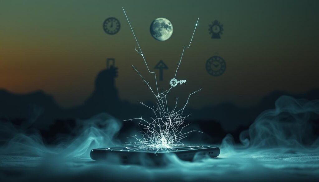 A dimly-lit, dreamlike scene depicting a cracked smartphone screen, surrounded by symbolic elements that represent common dream interpretations. The foreground features the damaged phone, with cracks and fissures radiating outward, casting an ethereal glow. Swirling mist and subtle lighting create an otherworldly atmosphere. In the middle ground, abstract shapes and symbols emerge, such as a full moon, a clock, a key, and a maze-like pattern, hinting at themes of time, perception, and the subconscious. The background is a soft, hazy landscape, with distant mountains or clouds, suggesting the connection between the physical world and the realm of dreams. The overall mood is pensive and introspective, inviting the viewer to ponder the potential meaning behind the shattered screen and the symbolic elements.