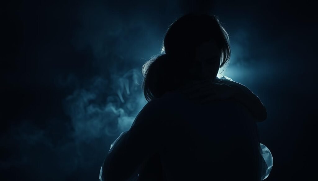 A dimly lit, dreamlike scene depicts a deceased loved one embracing the subject, their ethereal forms seemingly suspended in a hazy, twilight-tinged atmosphere. Wisps of smoke or mist swirl around them, hinting at premonitory visions and subconscious messages. Muted colors, a soft focus, and dramatic backlighting imbue the image with an air of mystery and the otherworldly. The subject's expression conveys a mix of comfort, confusion, and a sense of unfinished business, as the deceased figure gazes pensively, offering an ambiguous warning or reassurance. The overall scene evokes the liminal space between waking and dreaming, the veil between the physical and spiritual realms.
