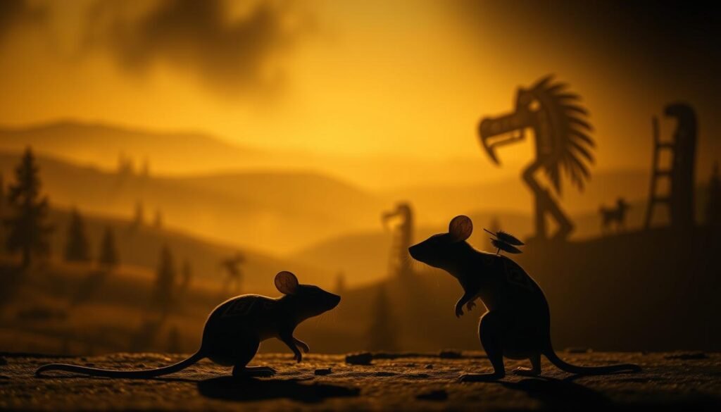 A dimly lit, dreamlike scene of Native American symbolism. In the foreground, a pair of delicate mouse figures, one in profile, the other facing the viewer, their bodies adorned with intricate geometric patterns and feathers, conveying a sense of spiritual connection. The middle ground features a hazy, ethereal landscape with rolling hills, trees, and a distant horizon, bathed in a warm, amber glow. In the background, faint silhouettes of ancient petroglyphs and totemic symbols emerge from the shadows, hinting at the rich cultural heritage and mystical significance of the mouse in Native American dream interpretation. The overall atmosphere is one of reverence, mystery, and the interweaving of the natural and the supernatural.