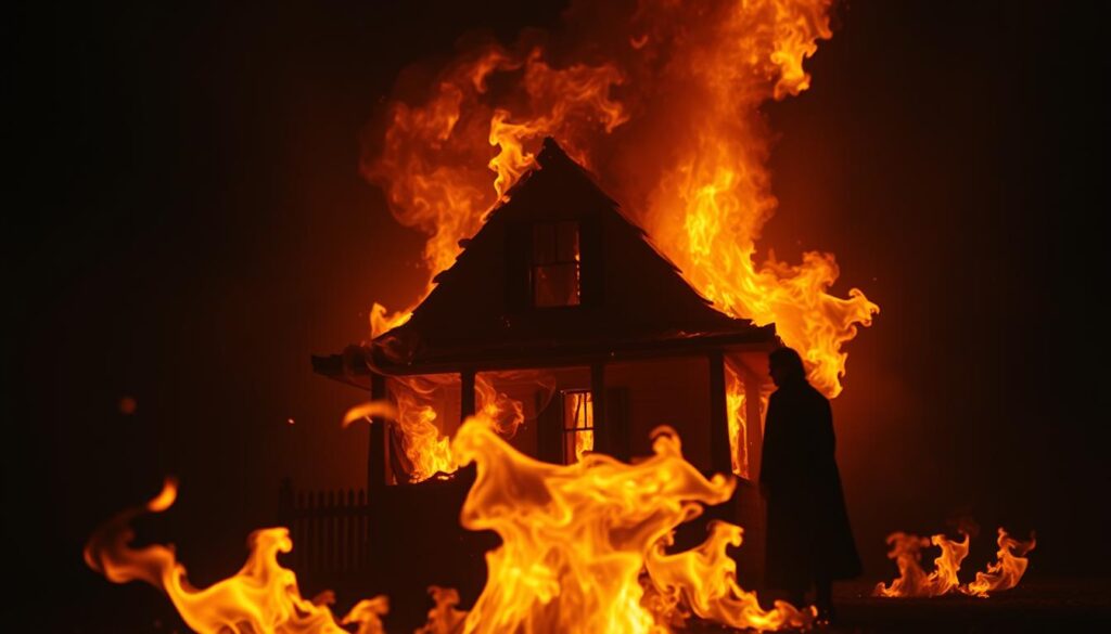 A dimly lit, dreamlike scene of a house engulfed in a swirling, ethereal fire. In the foreground, the flames dance and flicker, casting an orange glow on the crumbling structure. In the middle ground, shadowy figures emerge from the fire, their faces obscured, representing the transformation or destruction of family life. The background is shrouded in a hazy, smoke-filled atmosphere, creating a sense of unease and uncertainty. The lighting is dramatic, with sharp contrasts between the bright flames and the muted, shadowy areas. The camera angle is slightly elevated, giving a sense of detachment and a bird's-eye view of the surreal, symbolic scene.