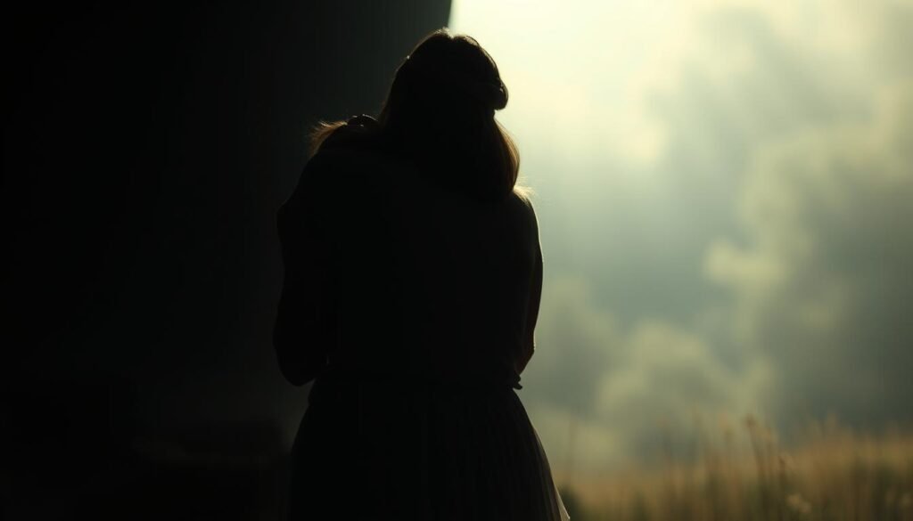 A dimly lit, dreamlike scene unfolds, where a loved one's ethereal figure emerges from the shadows, their embrace radiating a warm, comforting glow. The foreground is softly focused, drawing the viewer's attention to the tender reconnection, while the background fades into a hazy, mystical landscape, suggesting the otherworldly nature of this encounter. Soft, diffused lighting casts a gentle, introspective mood, evoking a sense of peace and solace. The composition is balanced, with the figures positioned centrally, creating a powerful emotional connection. This dream-like vision captures the profound and often bittersweet experience of reconnecting with a departed loved one, hinting at the complex emotions and unresolved questions that may arise during such encounters.