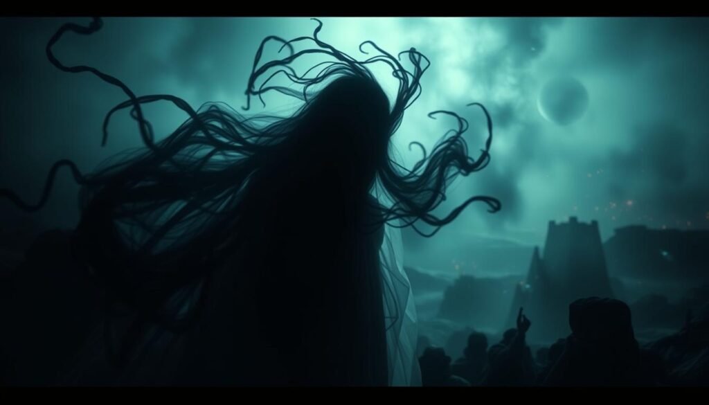 A dimly lit, dreamlike scene. In the foreground, a figure wreathed in ethereal light, their face obscured by swirling shadow. Tendrils of darkness reach out, coiling around the figure, a metaphysical battle raging. The middle ground is hazy, filled with indistinct shapes and flashes of energy. In the background, a landscape of shifting, surreal elements - fractured landscapes, celestial bodies, or otherworldly structures. Dramatic chiaroscuro lighting casts dramatic shadows, heightening the sense of spiritual conflict. An ominous, foreboding atmosphere pervades the scene, conveying the intensity of the spiritual warfare taking place within the dream.