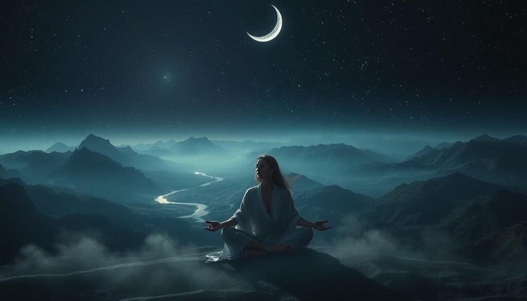 A dimly lit dreamscape, a crescent moon hangs overhead, casting a soft, silvery glow upon the scene. In the foreground, a figure representing the divine feminine energy, draped in flowing, ethereal robes, sits cross-legged, eyes closed in deep meditation. Surrounding her, swirling patterns of light and shadow dance, reflecting the ebb and flow of emotional cycles. In the middle ground, a lush, mystical landscape unfolds, with towering mountains, winding rivers, and a sense of timeless, otherworldly beauty. The background is a vast, inky night sky, filled with shimmering stars that seem to whisper secrets of the cosmos. The overall mood is one of tranquility, introspection, and a connection to the rhythms of the natural world.