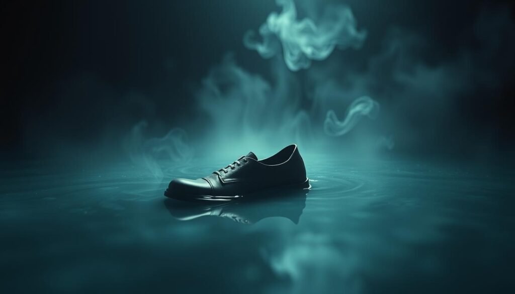 A dimly lit dreamscape, a lost shoe floating in an ethereal pool, its sole a gateway to the subconscious. Soft, muted lighting casts an introspective glow, hinting at the symbolic significance of the abandoned footwear. In the background, wisps of smoke or mist swirl, creating an atmosphere of mystery and introspection. The shoe, a metaphor for spiritual preparedness, appears to be adrift, inviting the viewer to contemplate its deeper meaning. The composition is balanced, with the shoe as the central focus, surrounded by a sense of quiet contemplation. Photorealistic rendering with a cinematic quality, capturing the essence of a dream's symbolic resonance.