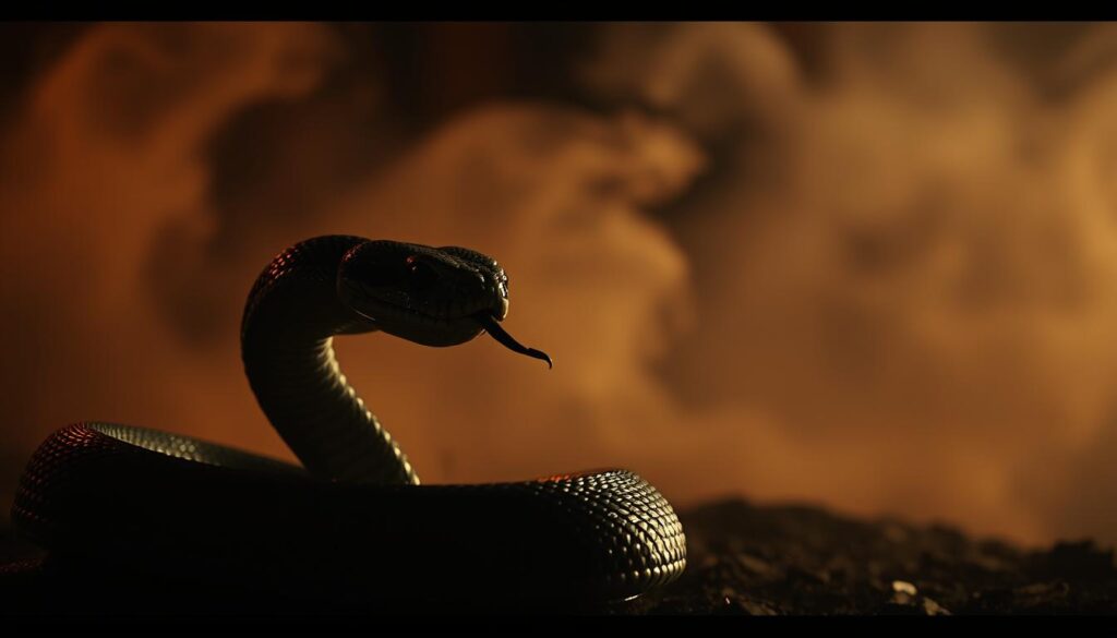 A dimly lit dreamscape, a rattlesnake coiled in the foreground, its scales glistening under a soft, warm glow. The serpent's eyes piercing, its tongue flickering, issuing a silent warning. In the middleground, a swirling mist obscures the details, creating an atmospheric, mystical ambiance. The background shrouded in shadows, hinting at the unknown, the unseen. The overall mood is one of foreboding, a premonition of danger to come, conveyed through the striking presence of the rattlesnake and the otherworldly, chiaroscuro lighting.