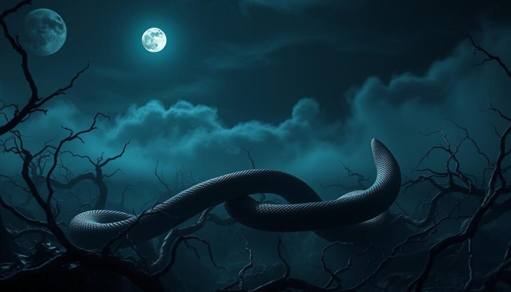 A dimly lit dreamscape, a sinuous black snake slithers across a mystical landscape. Moonlight casts an eerie glow, as the serpent navigates a maze of twisting vines and gnarled branches. Its scales glisten with an otherworldly sheen, reflecting the shifting shadows. In the distance, a swirling mist obscures the horizon, lending an air of enigmatic wonder. The snake's movements are fluid and purposeful, its behavior a symbolic language waiting to be decoded. This surreal scene invites the viewer to interpret the snake's actions, unlocking the deeper significance of this nocturnal vision.