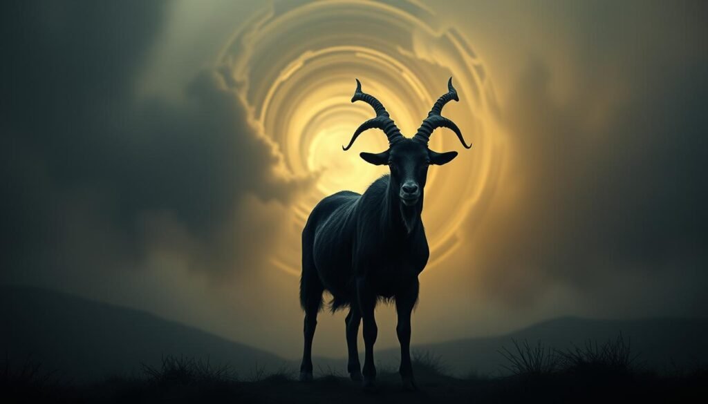 A dimly lit dreamscape, as if viewed through a veil of twilight. In the foreground, a solitary goat stands, its gaze heavy with a knowing sorrow. Its body is shrouded in a deep, inky shadow, a harbinger of transformation and release. Behind it, a swirling vortex of mist and energy, hinting at the journey of the soul. The goat's horns rise like twisted, skeletal branches, a symbol of the duality of life and death. The background is a hazy, otherworldly landscape, where the boundaries between the physical and the spiritual blur. The overall atmosphere is one of contemplation, of embracing the cyclical nature of existence.