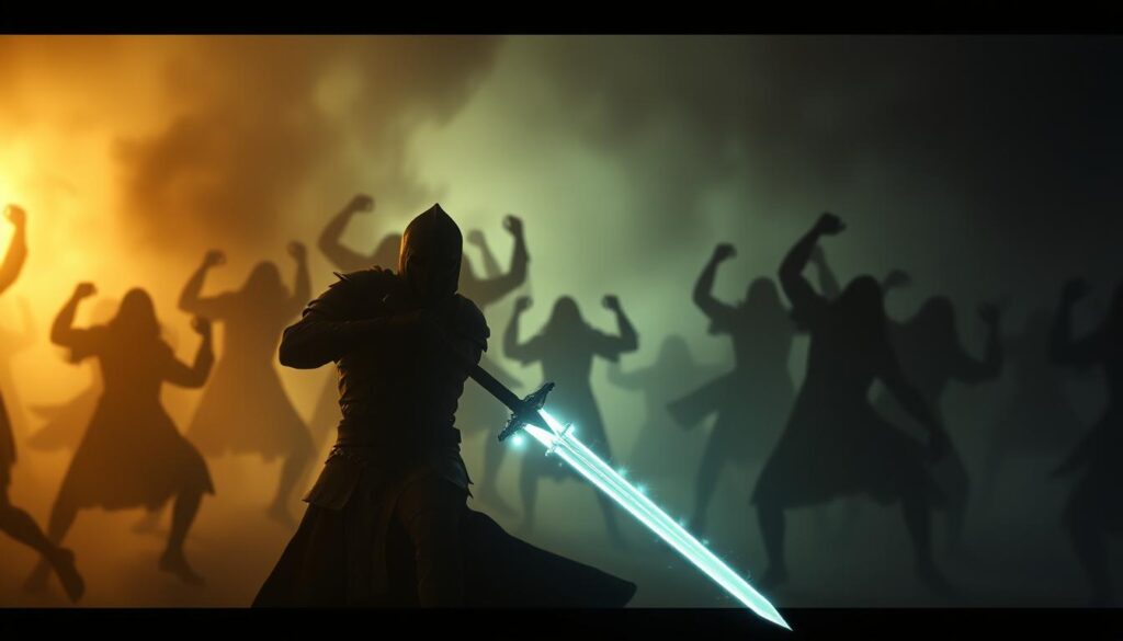 A dimly lit dreamscape, shadows cast by ethereal figures locked in a desperate, otherworldly battle. In the foreground, a warrior clad in ancient armor wielding a glowing, ethereal sword, their face obscured by a mystical aura. In the middle ground, waves of shadowy entities converge, their forms abstract and unsettling. The background blurs into a hazy, ethereal realm, a confluence of light and dark, symbolizing the spiritual nature of the conflict. Soft, warm lighting filters through, creating an atmosphere of tension and unease. The scene evokes a sense of the profound and the mysterious, a visualization of the inner struggles and spiritual warfare that can manifest in dreams.