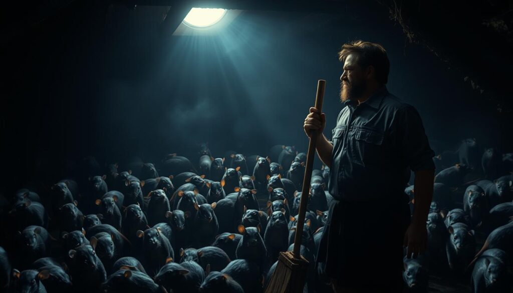 A dimly lit dreamscape where a person stands resolute, wielding a broom or shovel, facing a horde of scurrying rats. The foreground is dominated by the determined expression of the dreamer, illuminated by a single beam of moonlight. The rats, in shades of gray and brown, swarm in the middle ground, their beady eyes glinting with sinister intent. In the background, the shadows of a decrepit attic or basement loom, hinting at the subconscious fears and anxieties the dreamer must confront. The overall atmosphere is one of tension and unease, yet the dreamer's stance exudes a sense of triumph and liberation, suggesting the spiritual significance of vanquishing these emblems of darkness and vice.