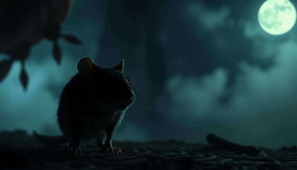 A dimly lit dreamscape, where a rat emerges from the shadows, its beady eyes gleaming with an otherworldly intensity. In the foreground, the rodent stands poised, its whiskers twitching as it surveys its surroundings. Swirling mist obscures the middle ground, casting an air of mystery and unease. In the background, a maze of intricately woven patterns, hinting at the subconscious maze of the dreamer's mind. Soft, moonlit illumination bathes the scene, lending an ethereal, almost spiritual quality to the encounter. The overall atmosphere is one of contemplation, inviting the viewer to delve deeper into the hidden meanings and symbolic significance of this recurring dream.