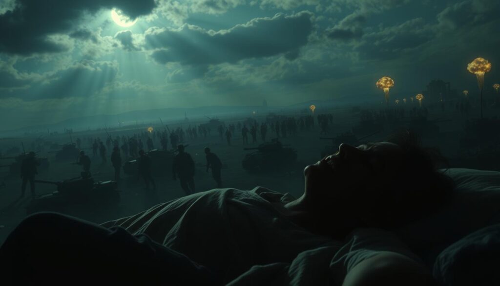 A dimly lit dreamscape, where the hazy silhouettes of soldiers and tanks loom across a battle-scarred landscape. In the foreground, a figure tosses and turns, their face contorted with anguish, as if trapped in the throes of a recurring nightmare. Shafts of moonlight filter through the clouds, casting an eerie glow and emphasizing the sense of unease. The middle ground is filled with the ghostly remnants of past conflicts, with crumbling ruins and shattered weapons serving as reminders of the toll of war. In the distance, the horizon is punctuated by the flickering of explosions, a haunting echo of the subconscious conflicts playing out in the dreamer's mind. The overall atmosphere is one of turmoil, tension, and a foreboding sense of the unknown.