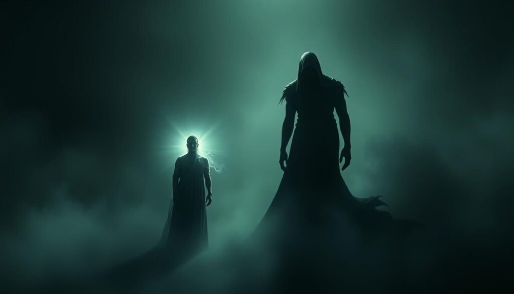 A dimly lit dreamscape, where two figures emerge from the shadows - one ethereal and luminous, the other dark and foreboding. The luminous figure, representing the spiritual realm, stands tall, exuding a serene, otherworldly presence. The dark figure, symbolizing the psychological realm, looms menacingly, its features obscured in a haze of uncertainty and fear. The background is a swirling, abstract landscape, with muted hues and a sense of mysticism. The lighting is soft and moody, creating a sense of depth and atmosphere. The composition is balanced, with the figures positioned to suggest a dynamic tension between the spiritual and psychological realms. The overall mood is one of contemplation and introspection, inviting the viewer to ponder the nature of dreams and the interplay between the spiritual and psychological aspects of the human experience.