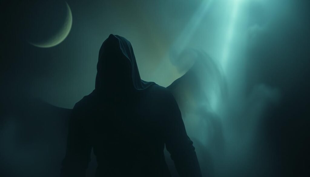 A dimly lit dreamscape with a prominent shadowy figure emerging from the depths, its form flickering and amorphous. The figure's features are obscured, hinting at a deeper, more primal essence. The background is a swirling vortex of muted hues, evoking a sense of the subconscious and the unknown. Beams of ethereal light pierce through the darkness, casting an ominous glow upon the scene. The overall atmosphere is one of introspection, psychological depth, and the exploration of the hidden aspects of the self.