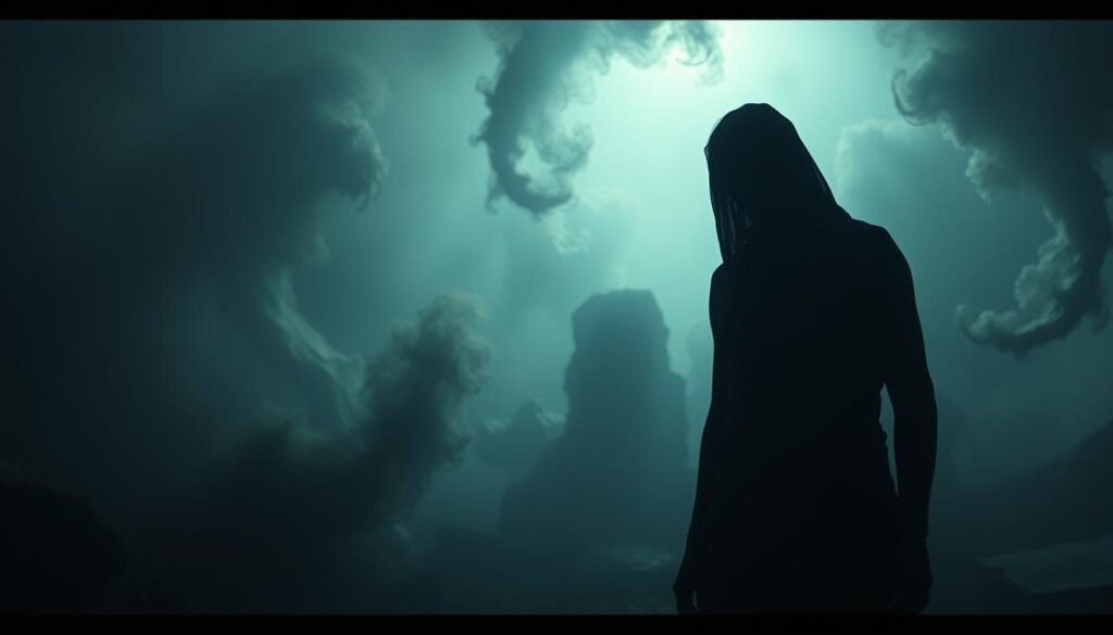 A dimly lit dreamscape, with a shadowy figure standing amidst a swirling, surreal landscape. The figure's face is obscured, conveying a sense of hidden emotions and inner turmoil. In the background, distorted shapes and forms suggest the subconscious mind, while a hazy, muted color palette evokes a sense of unease and uncertainty. The scene is shot from a slightly low angle, creating a sense of tension and unease. Lighting is dramatic, with deep shadows and pockets of soft, diffused light, evoking the hidden, unseen aspects of the dream world. The overall atmosphere is one of psychological depth and emotional complexity, reflecting the complex and often unsettling nature of dream symbolism and the hidden emotions it can reveal.