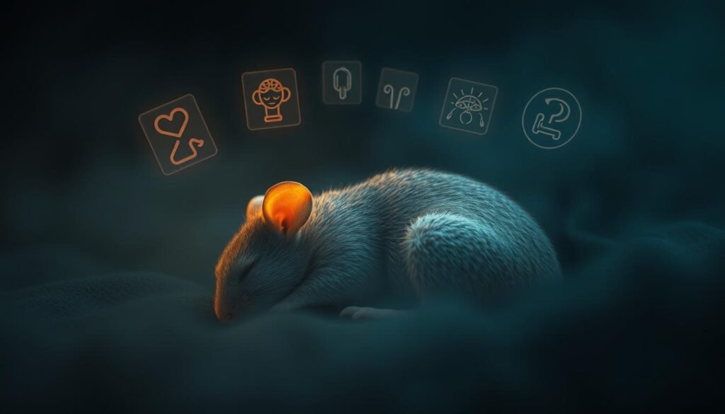 A dimly lit dreamscape with a sleeping mouse curled up amidst a swirling mist of symbolic health warnings. The mouse's slumbering form is bathed in a soft, amber glow, highlighting its delicate features. In the middle ground, translucent icons representing physical ailments, emotional turmoil, and spiritual imbalances drift and converge, casting ominous shadows. The background is shrouded in a hazy, ethereal atmosphere, lending an air of mystery and foreboding. The overall mood is one of contemplation and unease, hinting at the potential hidden messages within the mouse's subconscious.