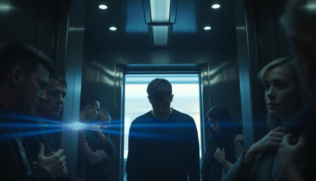 A dimly lit elevator filled with anxious passengers, their faces etched with discomfort. The claustrophobic space feels oppressive, the air thick with tension. Fluorescent lights cast an unflattering glow, exaggerating the nervous ticks and fidgeting. In the center, a lone figure stands, shoulders hunched, eyes downcast, desperately seeking an exit. The background blurs, the world outside the elevator doors fading into an indistinct haze, as if the individual is trapped in their own psychological maze. Lens flares and muted colors evoke a dreamlike, unsettling quality, reflecting the subject's inner turmoil and social anxiety.