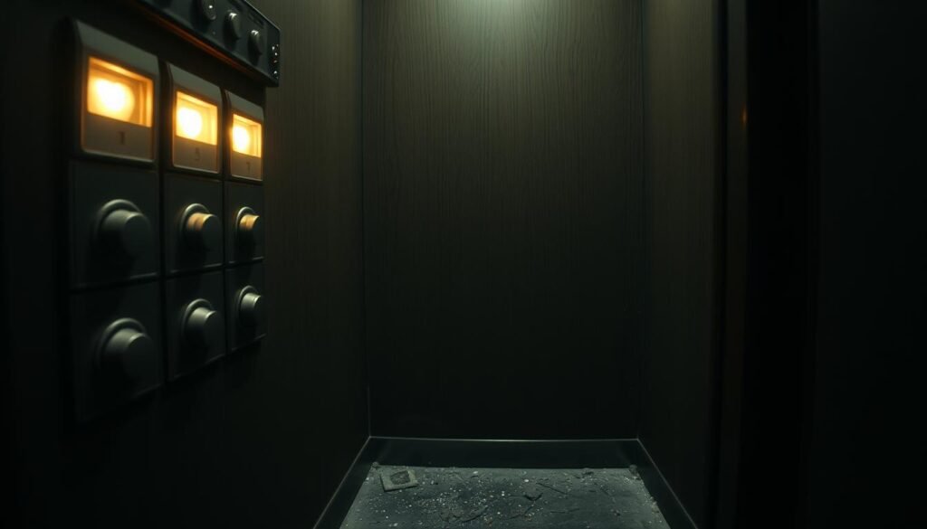 A dimly lit elevator interior, the panel of buttons casting an eerie glow. The buttons, once crisp and functional, now worn and faded, symbolize the uncertainty and lack of direction in the dreamer's life. The dull, flickering light creates an atmosphere of stagnation and indecision, mirroring the dreamer's struggle to find their path forward. The camera angle is slightly low, emphasizing the claustrophobic and overwhelming nature of the situation. Scattered debris and a layer of dust on the floor suggest neglect and abandonment, further reinforcing the sense of being trapped between floors, unable to progress.