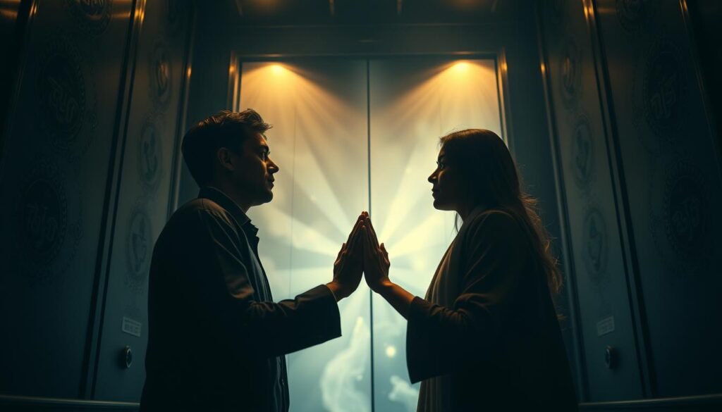 A dimly lit elevator interior, the walls adorned with intricate spiritual symbols and motifs. In the foreground, two passengers stand face-to-face, their hands clasped in a moment of profound connection, their expressions serene and contemplative. Soft, ethereal lighting bathes the scene, casting a mystical glow and hinting at the spiritual realm beyond the confines of the elevator. The background fades into a dreamlike abstraction, with subtle hints of rising or falling movement, suggesting the journey of the soul. Captured with a wide-angle lens, the composition emphasizes the sense of intimacy and the transcendent nature of the encounter.