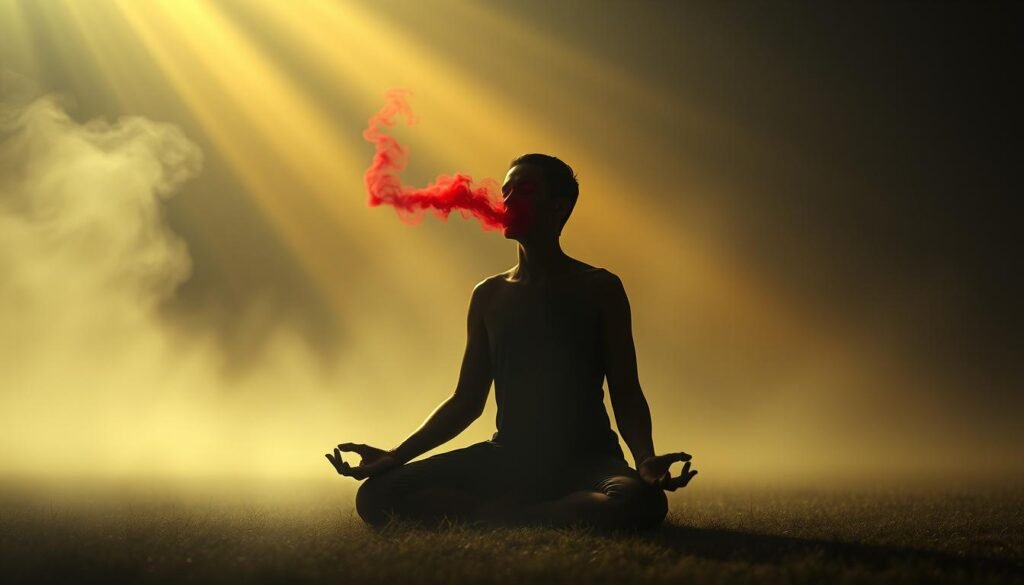 A dimly lit, ethereal landscape where a figure kneels in a meditative pose, their face obscured by a veil of crimson mist emanating from their nose. The background is shrouded in a hazy, dreamlike atmosphere, suggesting a spiritual, introspective journey. Subtle shafts of golden light pierce through the mist, casting a warm, otherworldly glow. The composition is balanced, with the central figure occupying a prominent position, their posture and the swirling mist conveying a sense of vulnerability and inner exploration. The overall mood is one of contemplation, introspection, and a deeper connection to the subconscious.