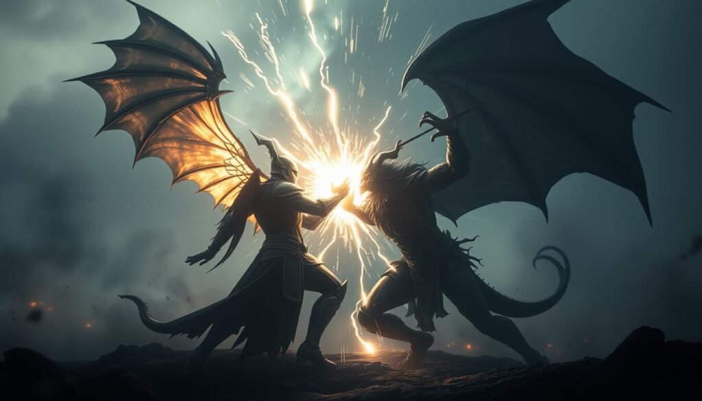 A dimly lit ethereal realm, where celestial forces clash in an epic battle of light and shadow. In the foreground, a warrior of divine light, their armor glowing with an otherworldly radiance, clashes with a shadowy demonic entity, its sinister form writhing and contorting. Beams of luminous energy crackle between them, illuminating the scene with an intense, mystical glow. In the middle ground, swirling mists and ethereal wisps shroud the landscape, hinting at the unseen spiritual forces at play. The background fades into a hazy, dreamlike expanse, suggesting the boundless nature of this otherworldly conflict. The mood is one of intense, supernatural drama, where the fate of the spiritual realm hangs in the balance.