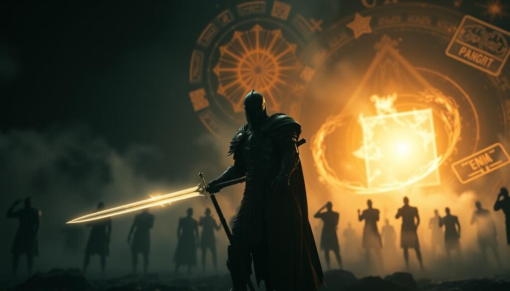 A dimly lit ethereal realm, where spiritual energies collide. In the foreground, a warrior figure, clad in armor of light, stands resolute, wielding a glowing sword. Beams of radiant energy emanate from the blade, illuminating the shadowy figures that swirl around, representing the unseen forces of darkness. The middle ground is a swirling vortex of mist and mystical symbols, hinting at the cosmic struggle unfolding. In the distant background, a shimmering portal opens, casting a warm glow that contrasts with the ominous atmosphere. The scene conveys a sense of determination, as the warrior prepares to harness the power of the dream realm to overcome the spiritual challenges that await.