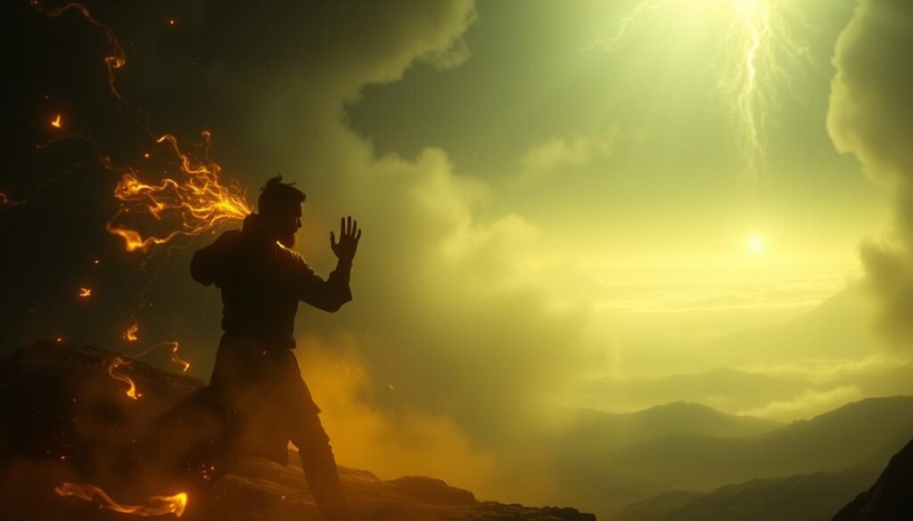 A dimly lit ethereal realm, where the boundaries between dream and reality blur. In the foreground, a figure locked in intense spiritual combat, their silhouette illuminated by a warm, golden glow - a symbol of divine presence. Wisps of energy and spectral forms swirl around them, representing the unseen forces that challenge the soul. The middle ground reveals a dreamscape of shifting landscapes, mountains, and valleys, suggesting the expansive nature of the spiritual journey. In the distance, a faint celestial light emanates, hinting at the ultimate destination - a realm of enlightenment and transcendence. The atmosphere is one of tension and struggle, yet also of sacred purpose, as the individual faces the divine testing that refines the spirit.