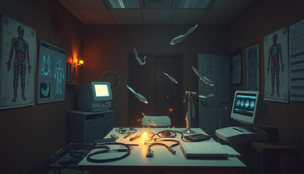 A dimly lit examination room, the air thick with a sense of introspection. On a table, an array of diagnostic instruments - stethoscopes, EKG monitors, x-ray scans - suggesting a search for hidden truths within the body. Ethereal wisps of energy emanate from the instruments, hinting at a deeper connection between the physical and the metaphysical. The walls are adorned with anatomical charts and symbolic motifs, creating an atmosphere of holistic health awareness. Soft, warm lighting casts an amber glow, conveying a sense of calm contemplation. The overall scene evokes a merging of modern medicine and ancient wisdom, inviting the viewer to explore the spiritual significance of physical well-being.