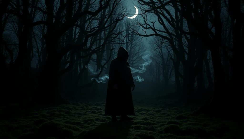 A dimly lit forest at dusk, with gnarled, twisted trees casting long shadows across the mossy ground. In the foreground, a solitary figure stands, shrouded in a dark cloak, their face obscured by a hood. Tendrils of ethereal, smoke-like energy emanate from their form, intertwining with the shadows that surround them. In the middle ground, a crescent moon casts a soft, ethereal glow, illuminating the scene with a haunting, dreamlike quality. In the distance, a glimpse of a dark, foreboding forest, hinting at the mysteries and inner conflicts that lie within. The overall atmosphere is one of introspection, the figure's shadow self exploring the depths of their subconscious, guided by the mystical forces of the witch's dream.