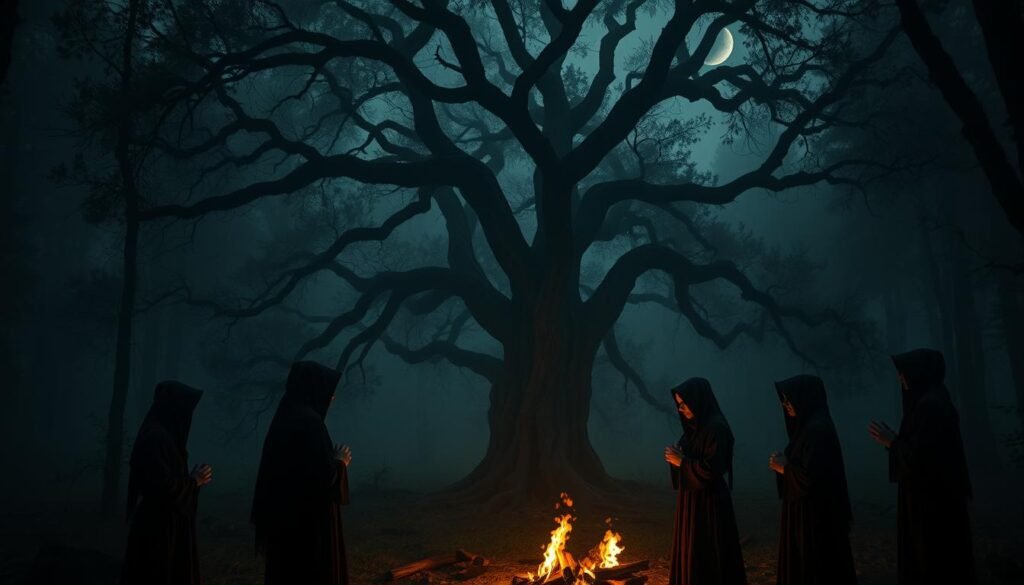A dimly lit forest clearing, shrouded in an eerie mist. In the foreground, a coven of witches stand in a circle, their hands clasped, eyes closed in deep concentration. Flickering firelight casts an ethereal glow, illuminating their hooded robes and weathered faces. In the middle ground, a towering oak tree with gnarled, twisted branches, its leaves rustling with an otherworldly energy. In the background, a crescent moon peeks through the canopy, casting an otherworldly light. The atmosphere is charged with a sense of ancient magic and mysticism, inviting the viewer to ponder the hidden meanings and interpretations of this supernatural scene.