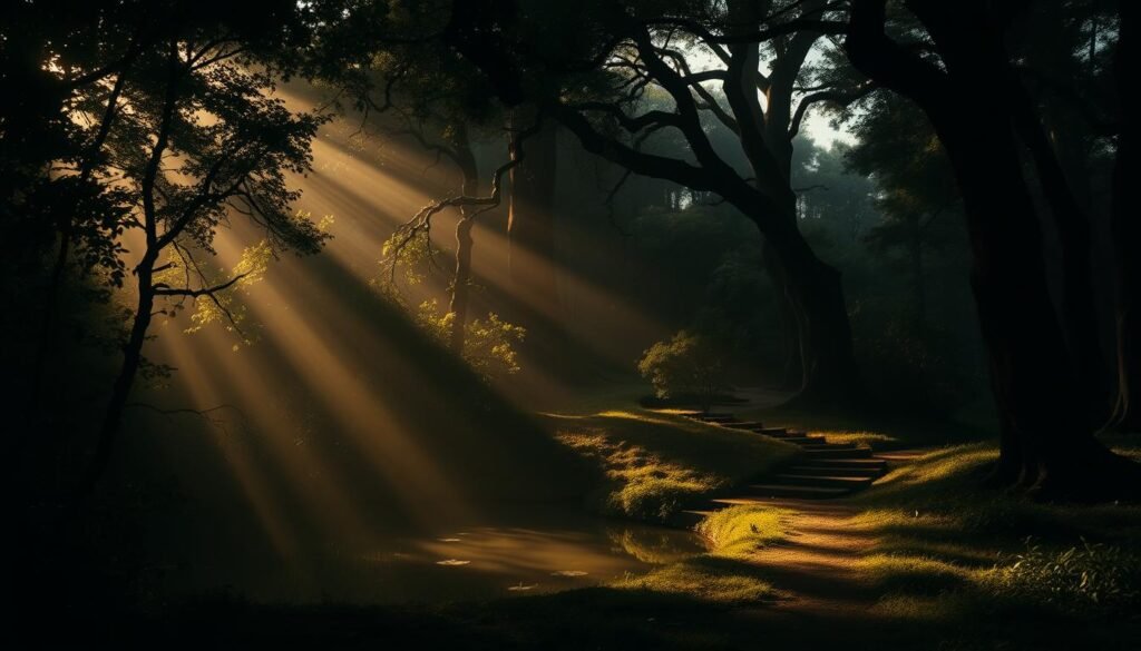A dimly lit forest glade, with dense foliage casting long shadows. In the foreground, a serene pond reflects the surrounding trees, its still waters conveying a sense of tranquility. Sunlight filters through the canopy, casting a warm, golden glow that bathes the scene in an ethereal light. The middle ground features a winding path, leading deeper into the woods, hinting at the unknown. In the background, towering trees reach up towards the heavens, their twisted branches creating a sense of mystery and the unknown. The overall atmosphere is one of contemplation and introspection, inviting the viewer to explore the hidden meanings and symbolism within this dreamlike landscape.