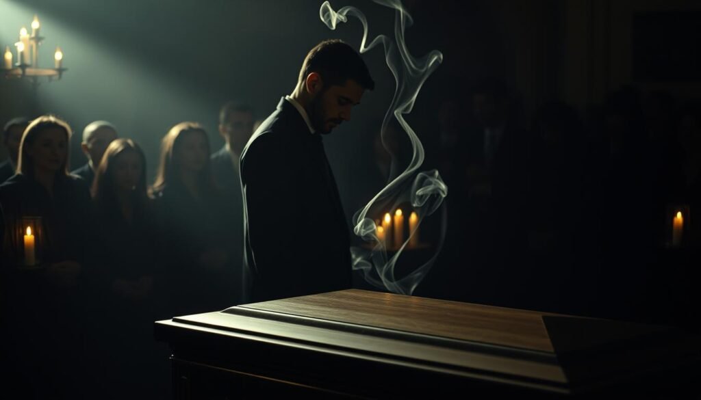 A dimly lit funeral setting, mournful shadows cast upon the somber faces of the attendees. In the foreground, a lone figure stands, eyes downcast, shoulders heavy with the weight of unresolved emotions. The casket, a silent witness to the inner turmoil, commands the attention, its polished surface reflecting the flickering candlelight. Ethereal tendrils of smoke twist and curl, symbolizing the ephemeral nature of life and the purgatory of the subconscious. The background is shrouded in a veil of melancholy, with the muted tones of the funeral attire and the subdued palette evoking a sense of profound grief and personal reflection. Soft, diffused lighting casts a warm, melancholic glow, inviting the viewer to ponder the complexities of the human experience.