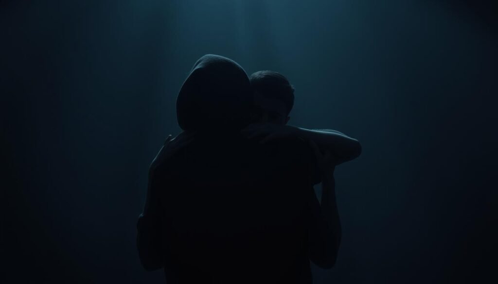 A dimly lit, introspective scene of a figure embracing the ethereal form of a loved one, their expressions conveying a profound sense of emotional closure. The foreground is dominated by the embrace, their bodies intertwined in a warm, comforting gesture, the figures' faces filled with a serene, contemplative air. The middle ground is shrouded in a soft, hazy aura, creating a dreamlike atmosphere, while the background is obscured in a muted, monochromatic palette, drawing the viewer's focus to the central emotional exchange. Subtle lighting from an unseen source casts a gentle glow, imbuing the scene with a sense of tranquility and healing. The overall composition evokes a cathartic, introspective mood, reflecting the resolution of unresolved emotional turmoil.