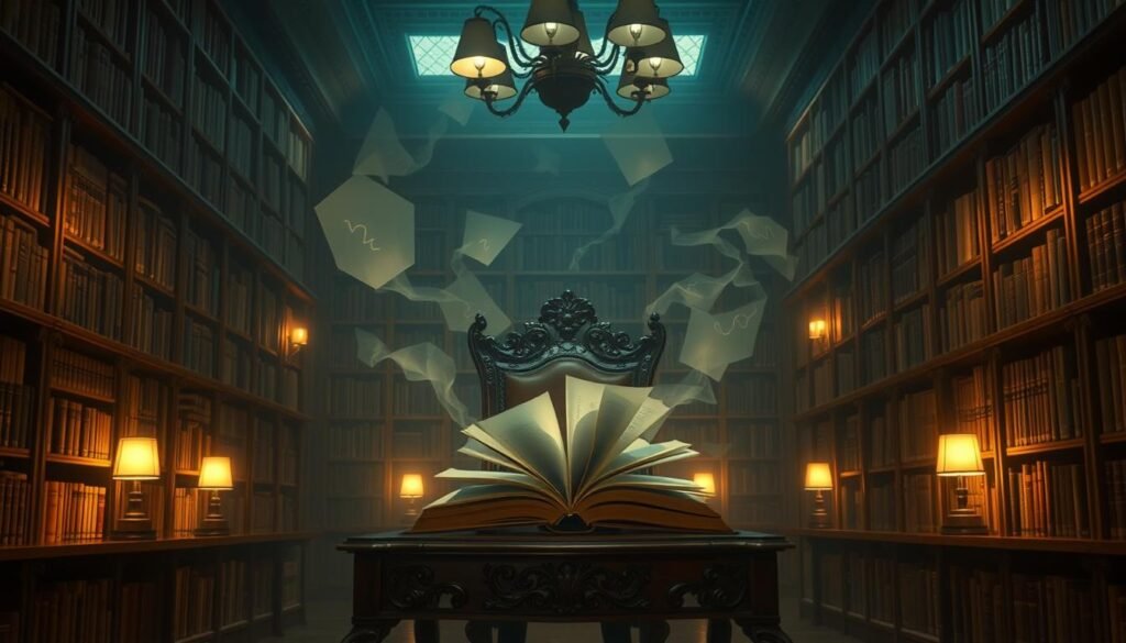 A dimly lit library, books illuminated by a soft golden glow from ceiling-mounted lamps. Wisps of translucent subconscious symbols drift between shelves, their spectral forms hinting at hidden meanings. In the center, an ornate wooden table holds an open volume, its pages fluttering as if revealing secrets. A figure sits in a high-backed chair, gazing intently, their features obscured by shadows, immersed in the task of decoding the library's subconscious messages. The atmosphere is contemplative, inviting the viewer to join the journey of unlocking the hidden truths contained within the forgotten books.