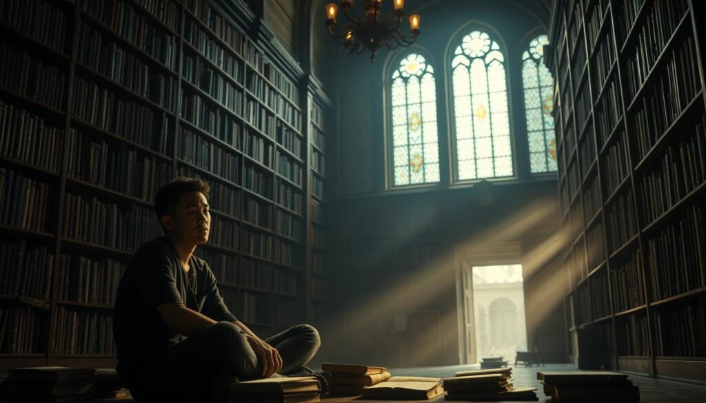 A dimly lit library interior, casting a warm, introspective glow. In the foreground, a person sits cross-legged on the floor, surrounded by open books and lost in deep contemplation. Their expression is a mix of wonder, curiosity, and mild melancholy, as if uncovering hidden truths within the pages. The middle ground features bookshelves reaching up to a high, ornate ceiling, their aged volumes whispering secrets. Soft, diffused lighting filters through the stained-glass windows, creating a sense of tranquility and self-reflection. The background fades into a dreamlike haze, hinting at the subconscious nature of this library setting. An atmosphere of introspection, discovery, and the power of the written word permeates the scene.