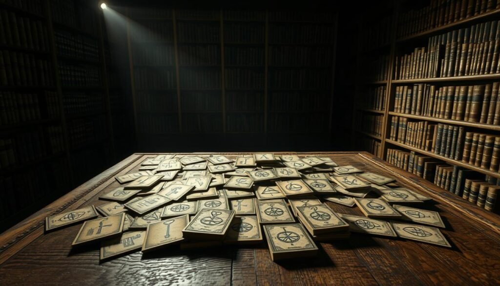 A dimly lit library interior, shelves of ancient, leather-bound tomes lining the walls. In the foreground, a worn wooden table holds a scattered array of library cards, each adorned with arcane symbols and patterns - keys, compasses, hourglasses, and other enigmatic designs. A single beam of light cuts through the shadows, illuminating the cards and casting long shadows across the table. The atmosphere is one of mystery and hidden knowledge, inviting the viewer to unravel the secrets contained within these forgotten relics.